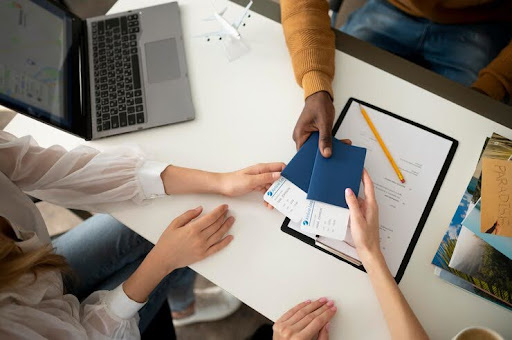 Business traveller holding documents